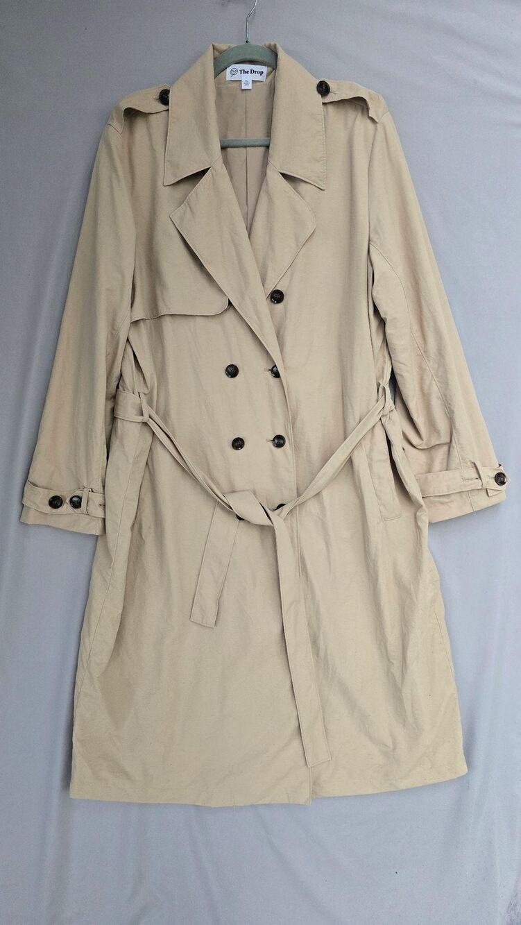 The Drop Coat Womens XL Beige Trench Double Breasted Belted Lined Classic